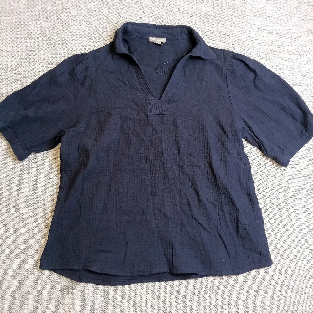 Falls Creek Blouse Womens Medium Navy Blue Excellent Cotton Gauze Puff Sleeve